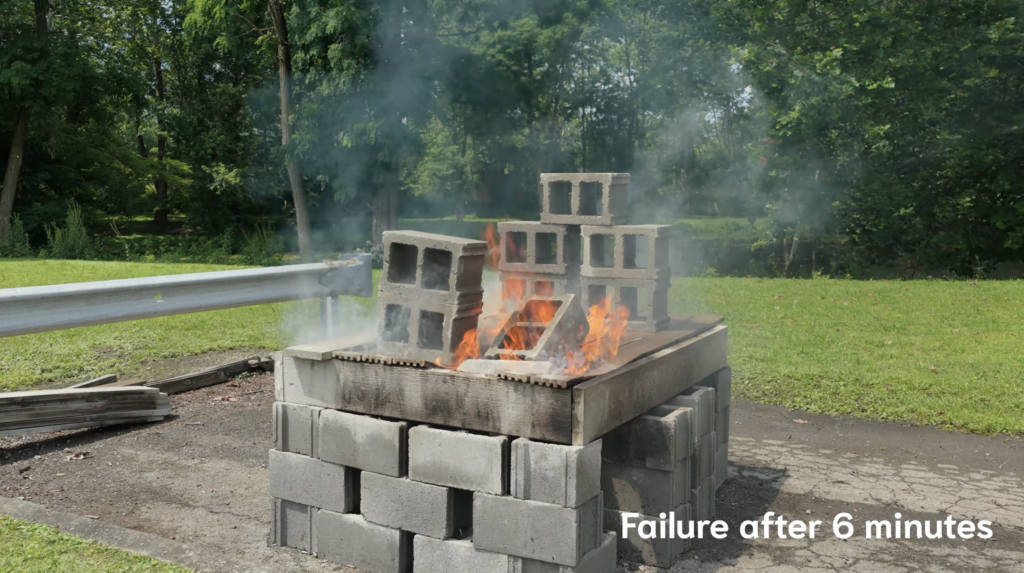 The deck engulfed in flame during the composite stage, captioned "Failure after 6 minutes".